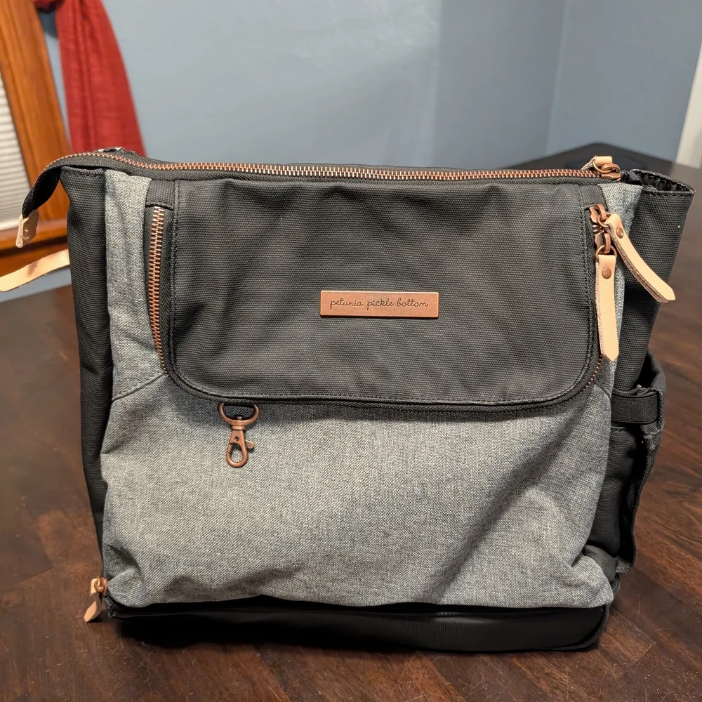 Petunia Pickle Bottom Pivot Black and Gray Diaper Bag, Rose Gold Hardware.